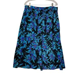 vtg ANNE CRIMMS for UMI COLLECTIONS sz 14 Silk Floral Midi Skirt Blue Black